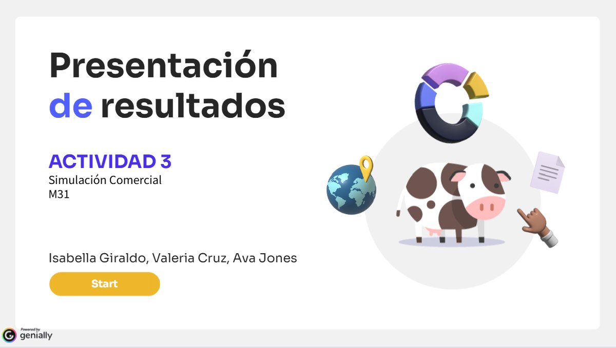 Presentación de resultados — Genially title slide by Isabella Giraldo, Valeria Cruz & Ava Jones